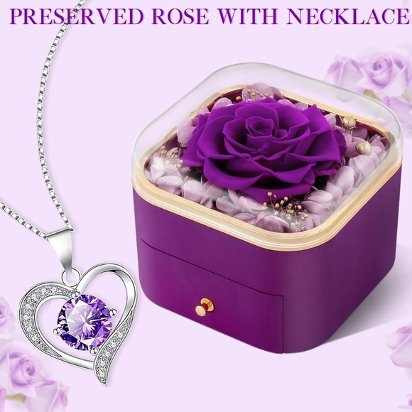 Rose Gold Heart Necklace with Real Purple Rose - Picture 4 of 4